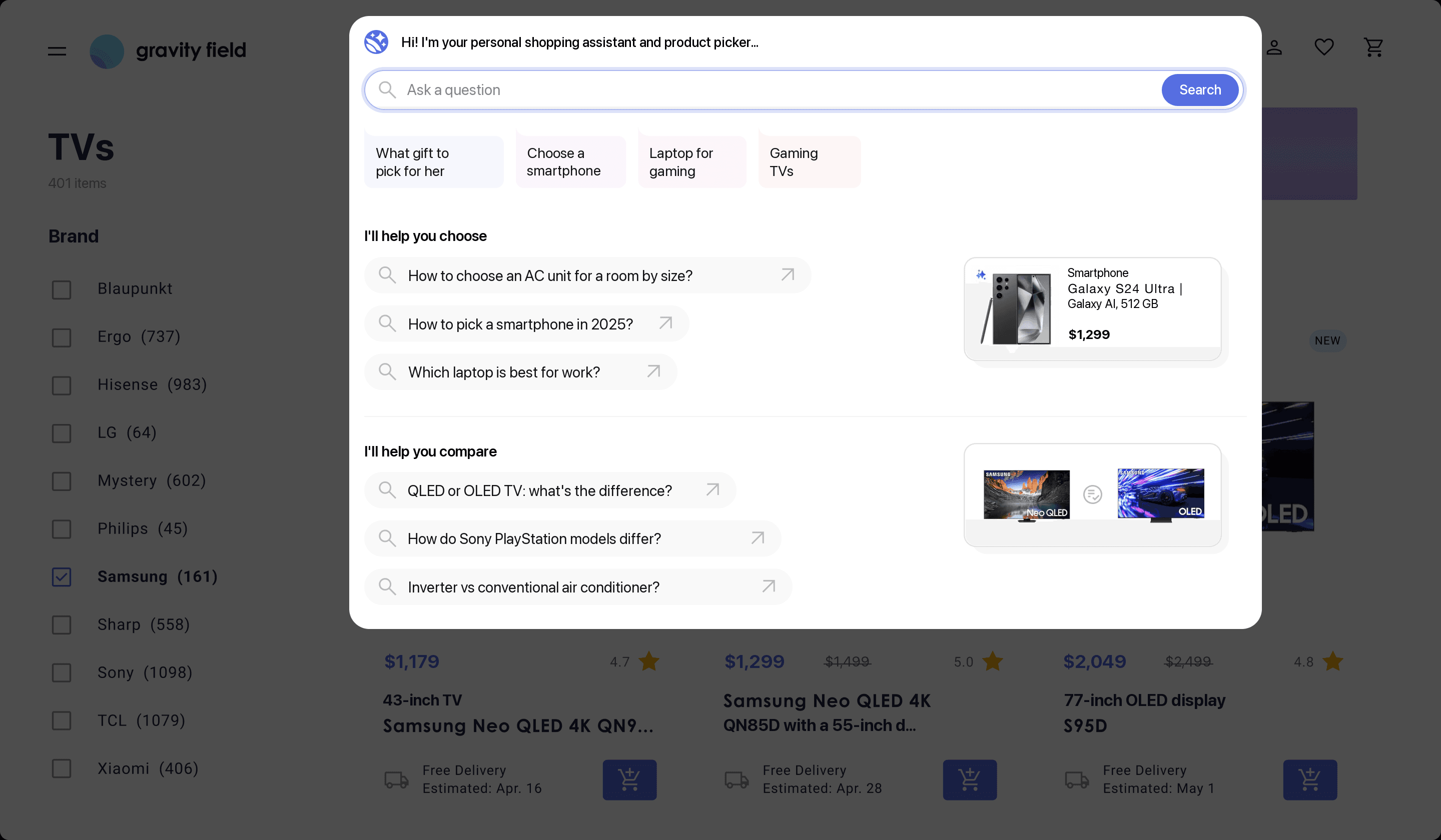 AI search interface for an online store